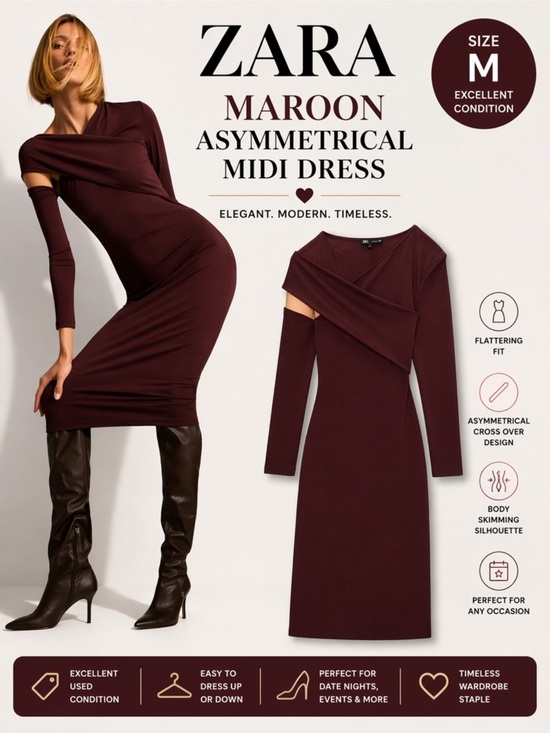 Zara Dresses & Skirts - ZARA Maroon Asymmetrical Midi Dress Size M Cutout Detail